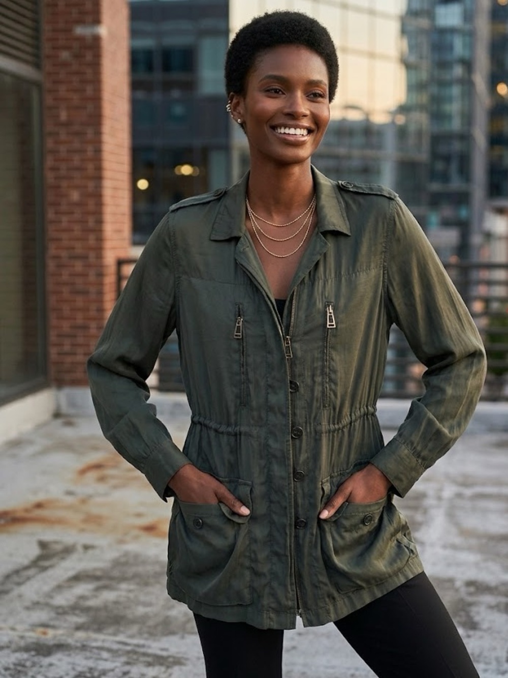Zara Dark Olive Utility Jacket with Pocket Details